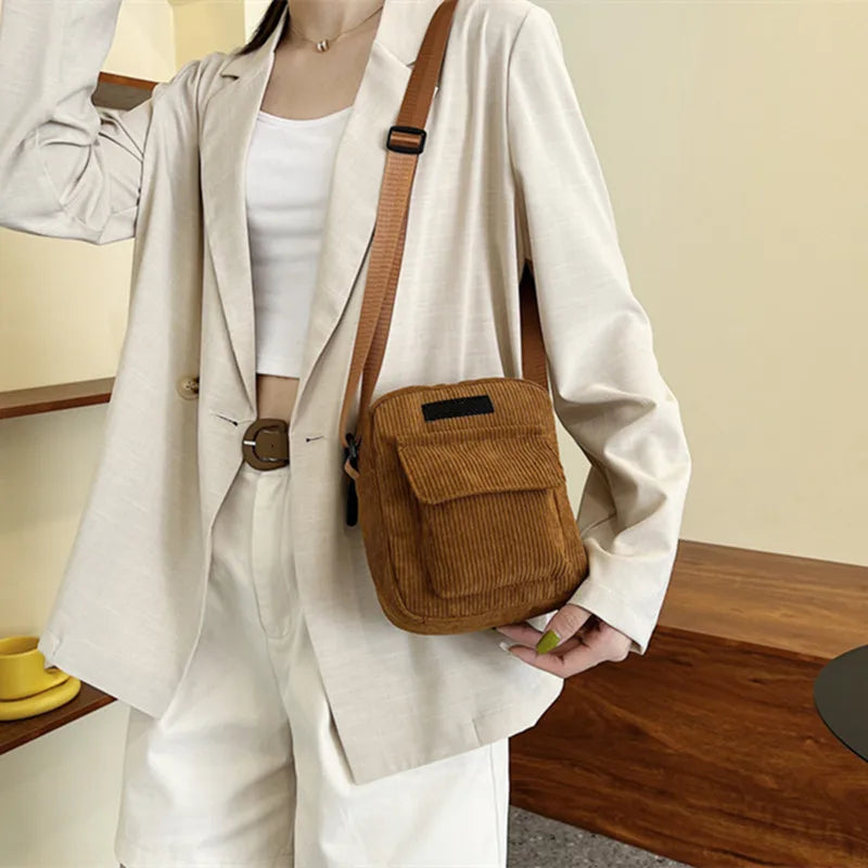 Women Corduroy Shoulder Bags Striped Fabric Handbags Casual Zip Tote Crossbody