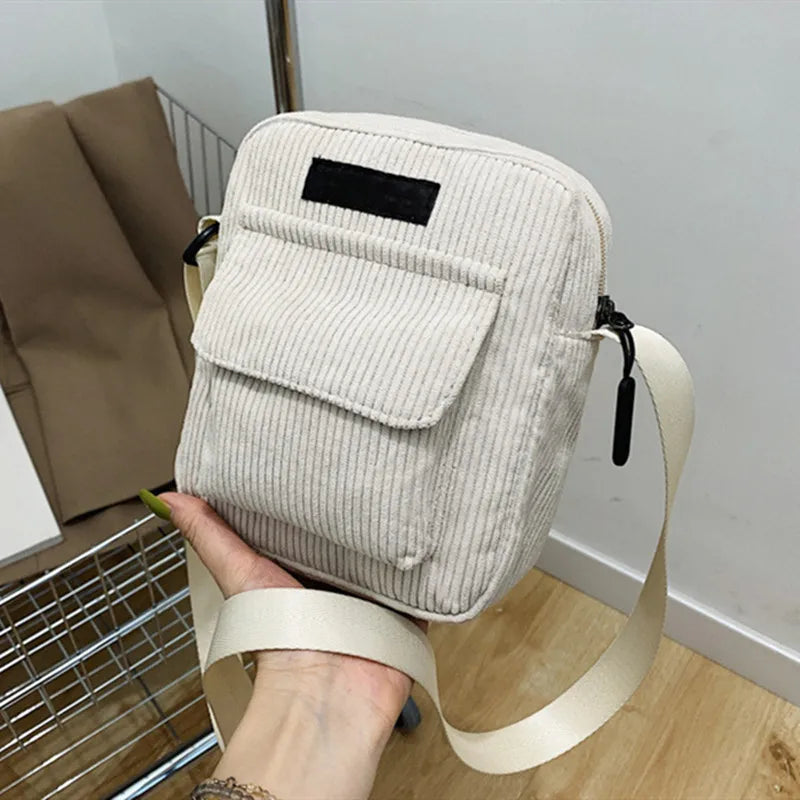 Women Corduroy Shoulder Bags Striped Fabric Handbags Casual Zip Tote Crossbody