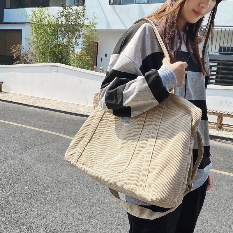 Women Corduroy Shoulder Bags Striped Fabric Handbags Zip Tote Canvas Crossbody B