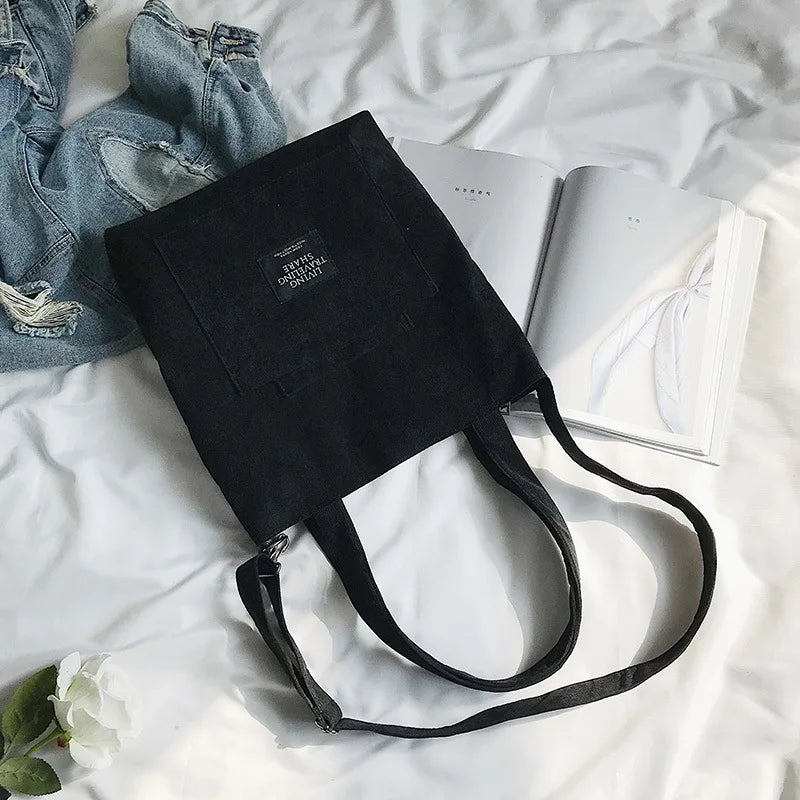 Women Corduroy Shoulder Bags Striped Cloth Handbags Casual Tote Crossbody Bag