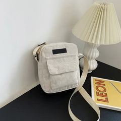 Women Corduroy Shoulder Bags Striped Fabric Handbags Casual Zip Tote Crossbody