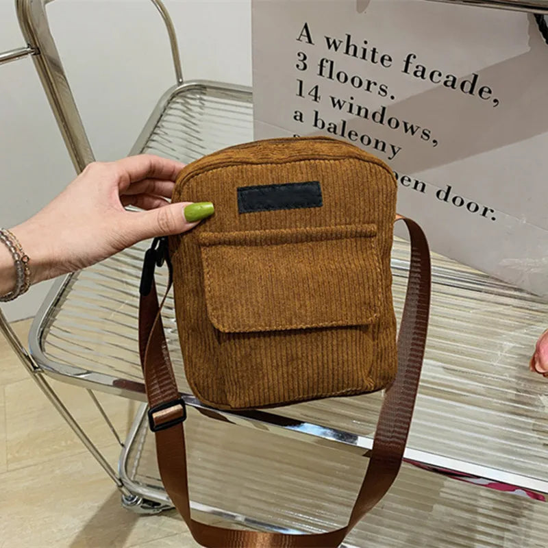 Women Corduroy Shoulder Bags Striped Fabric Handbags Casual Zip Tote Crossbody