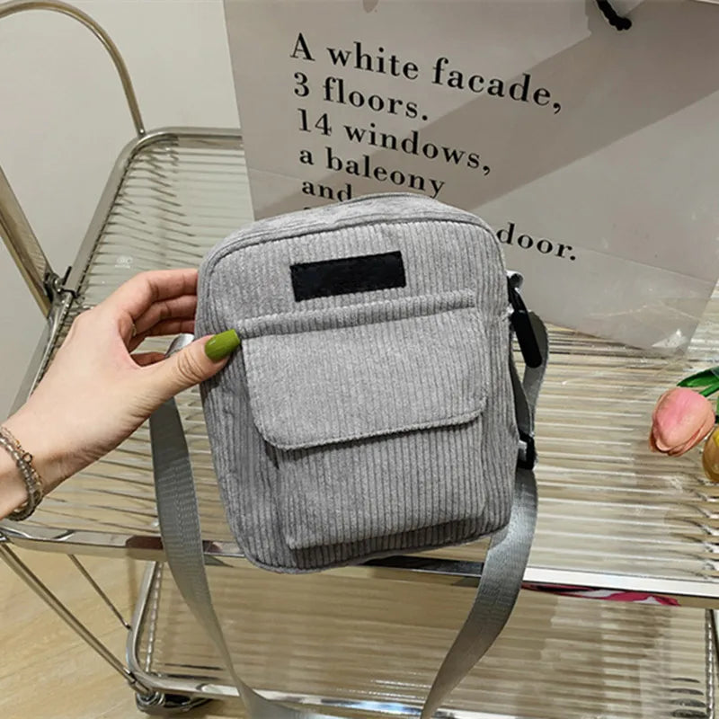 Women Corduroy Shoulder Bags Striped Fabric Handbags Casual Zip Tote Crossbody
