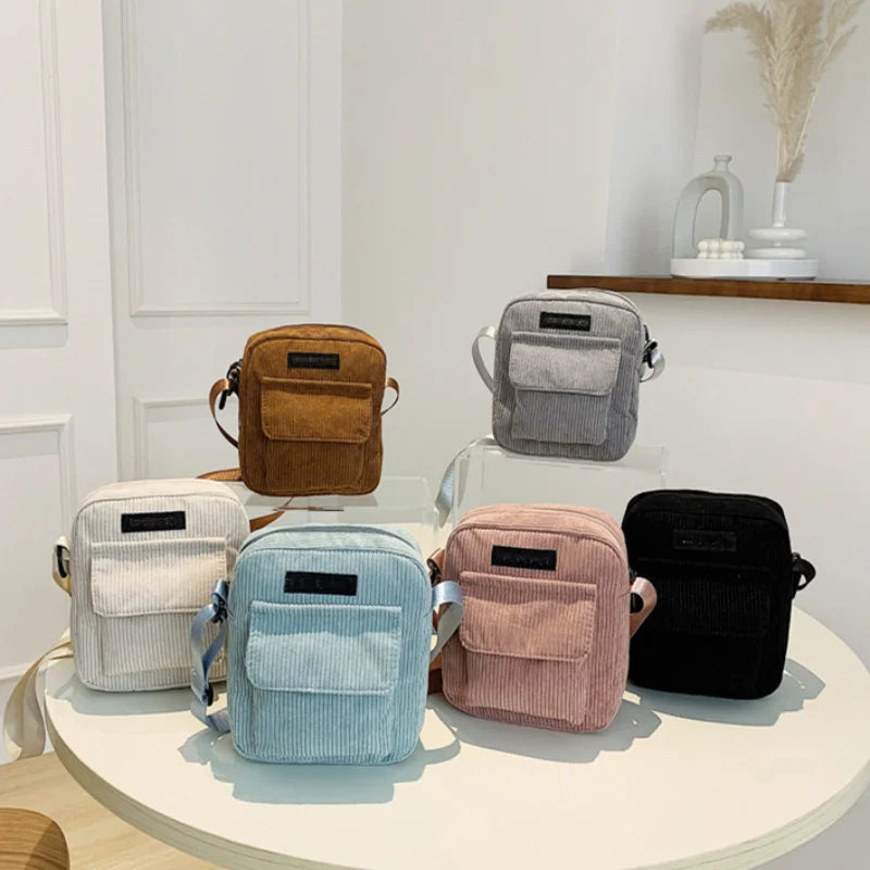 Women Corduroy Shoulder Bags Striped Fabric Handbags Casual Zip Tote Crossbody
