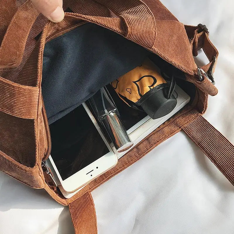Women Corduroy Shoulder Bags Casual Zip Tote Canvas Crossbody Bag
