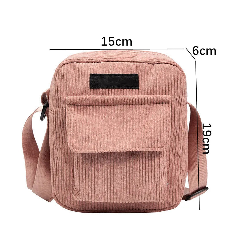 Women Corduroy Shoulder Bags Striped Fabric Handbags Casual Zip Tote Crossbody
