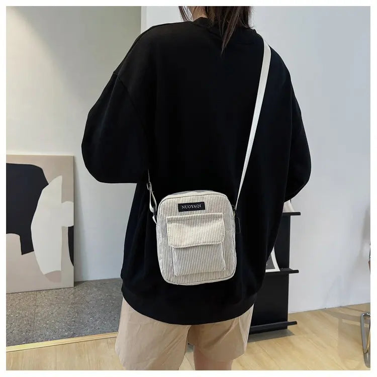 Striped Fabric Shoulder Bag Casual Zip Tote Canvas Crossbody Bag