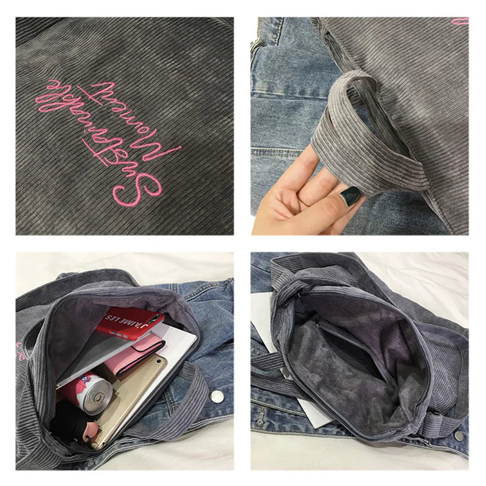 Women Corduroy Shoulder & Crossbody Bags Large Capacity Zipper Totes