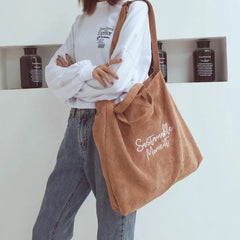 Women Corduroy Shoulder & Crossbody Bags Large Capacity Zipper Totes