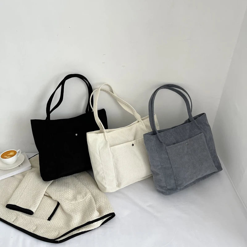 Corduroy Shoulder Shopping Bag Casual Tote for Autumn and Winter