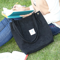 Corduroy Shoulder Shopping Bag Reusable Tote with Button Eco Organizer