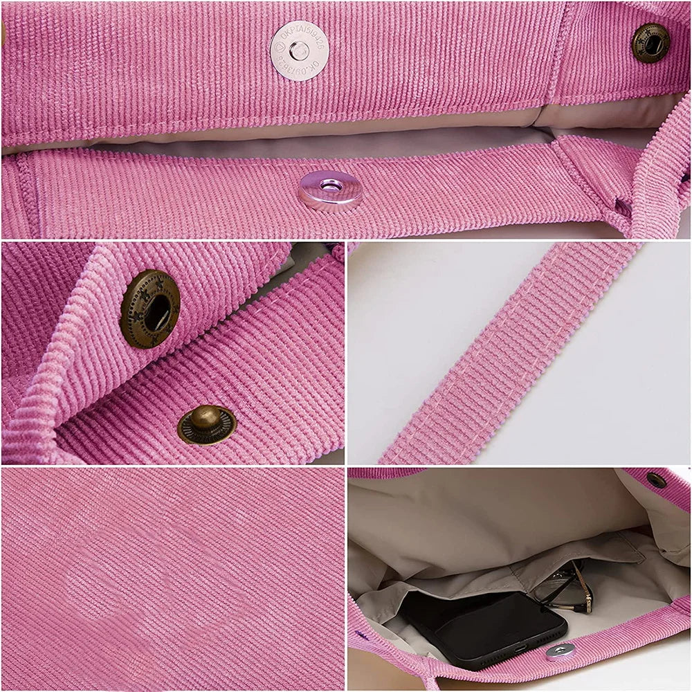 Corduroy Shoulder Shopping Bag Reusable Tote with Button Eco Organizer