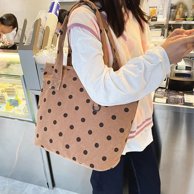Women Corduroy Shoulder Shopping Dot Handbag Female Travel Bag Purses