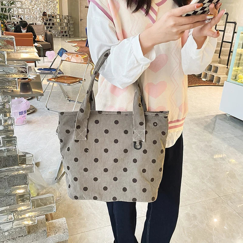Women Corduroy Shoulder Shopping Dot Handbag Female Travel Bag Purses