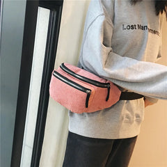 Women Corduroy Waist Bag Ladies Canvas Fanny Pack Brown Money Phone Chest