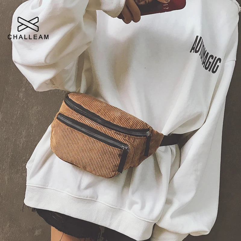 Women Waist Bag Corduroy Canvas Fanny Pack Brown Money Phone Chest