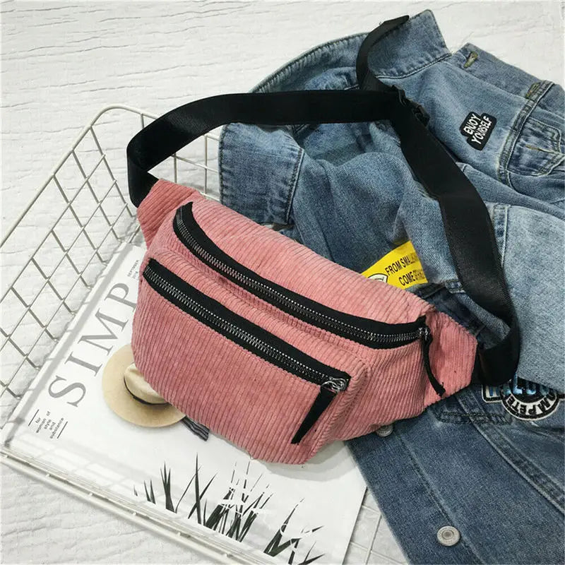 Women Corduroy Waist Bag Ladies Canvas Fanny Pack Brown Money Phone Chest