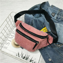 Women Corduroy Waist Bag Ladies Canvas Fanny Pack Brown Money Phone Chest