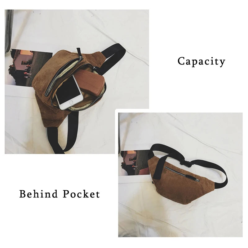 Women Waist Bag Corduroy Canvas Fanny Pack Brown Money Phone Chest