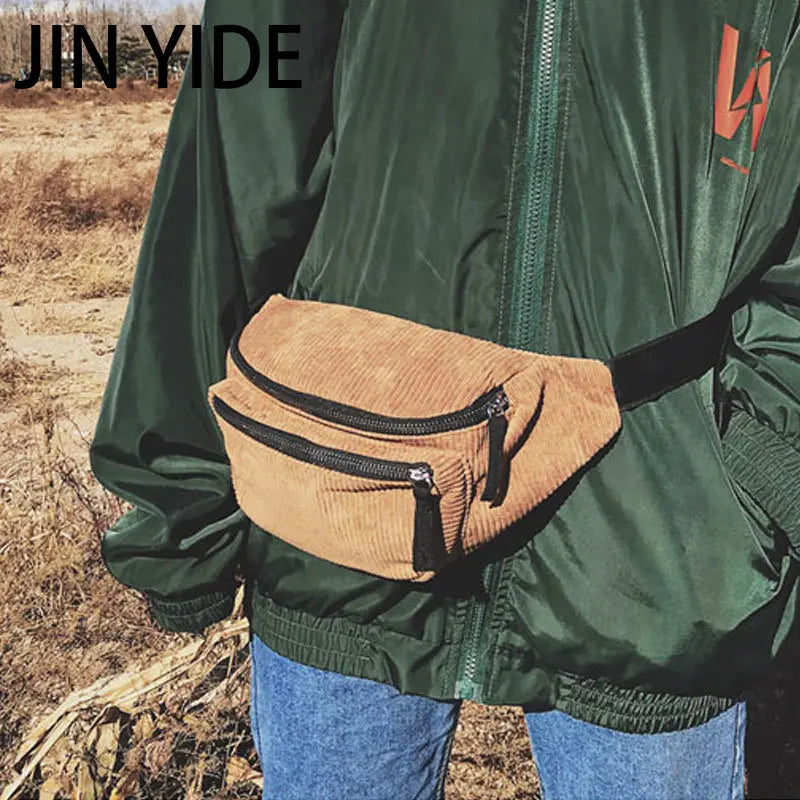 Women Corduroy Waist Bag Ladies Canvas Fanny Pack Brown Money Phone Chest Banana