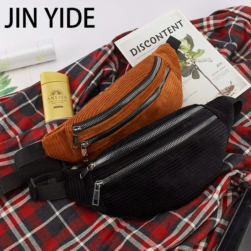 Women Corduroy Waist Bag Ladies Fanny Pack Money Phone Chest Banana Bag