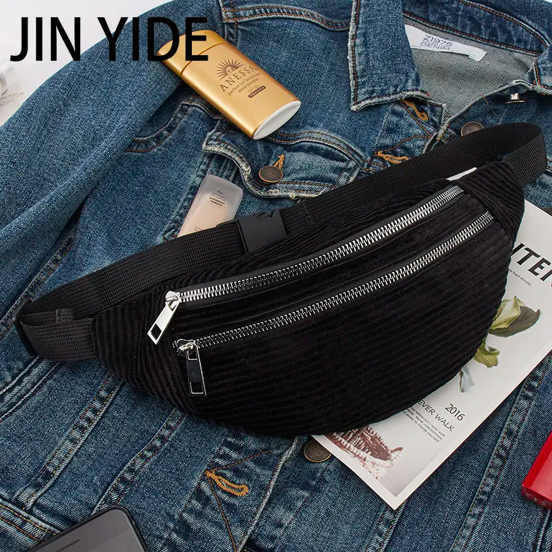 Women Corduroy Waist Bag Ladies Fanny Pack Money Phone Chest Banana Bag