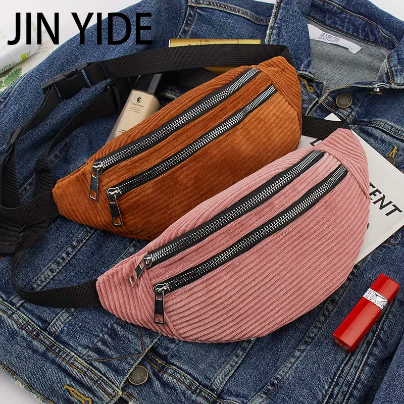 Women Corduroy Waist Bag Ladies Fanny Pack Money Phone Chest Banana Bag
