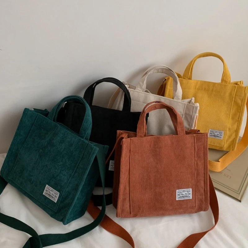 Corduroy Zipper Shoulder Bag Small Handbag Casual Tote Female Crossbody Bag