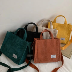 Corduroy Zipper Shoulder Bag Small Handbag Casual Tote Female Crossbody Bag