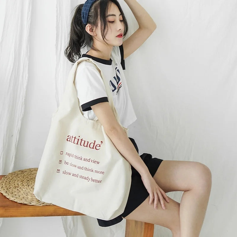 Women Cotton Canvas Shoulder Bag Letter Print Handbag Tote Large Capacity