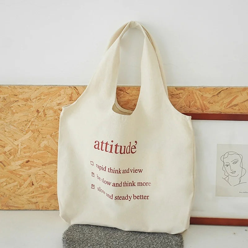 Women Cotton Canvas Shoulder Bag Letter Print Handbag Tote Large Capacity