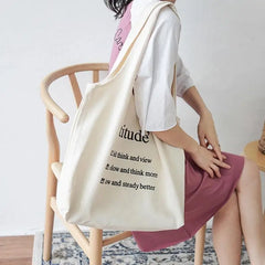 Women Cotton Canvas Shoulder Bag Letter Print Handbag Tote Large Capacity