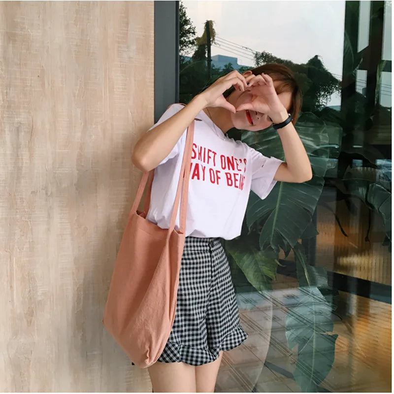 Women Cotton Shoulder Bag Eco Canvas Handbag Soft Casual Tote Solid Shopping Bag