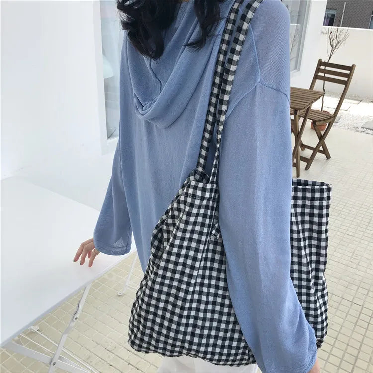 Women Cotton Shoulder Bag Lattice Shopping Bags Girls Lipstick Storage Tote Bag
