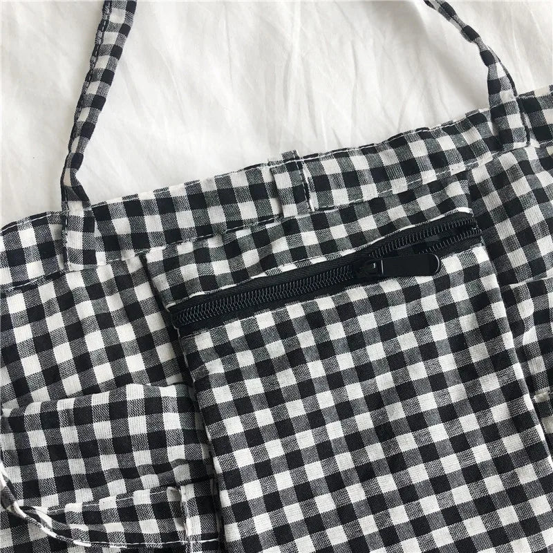 Women Cotton Shoulder Bag Lattice Shopping Bags Girls Lipstick Storage Tote Bag