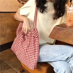 Women Cotton Shoulder Bag Lattice Shopping Bags Girls Lipstick Storage Tote Bag