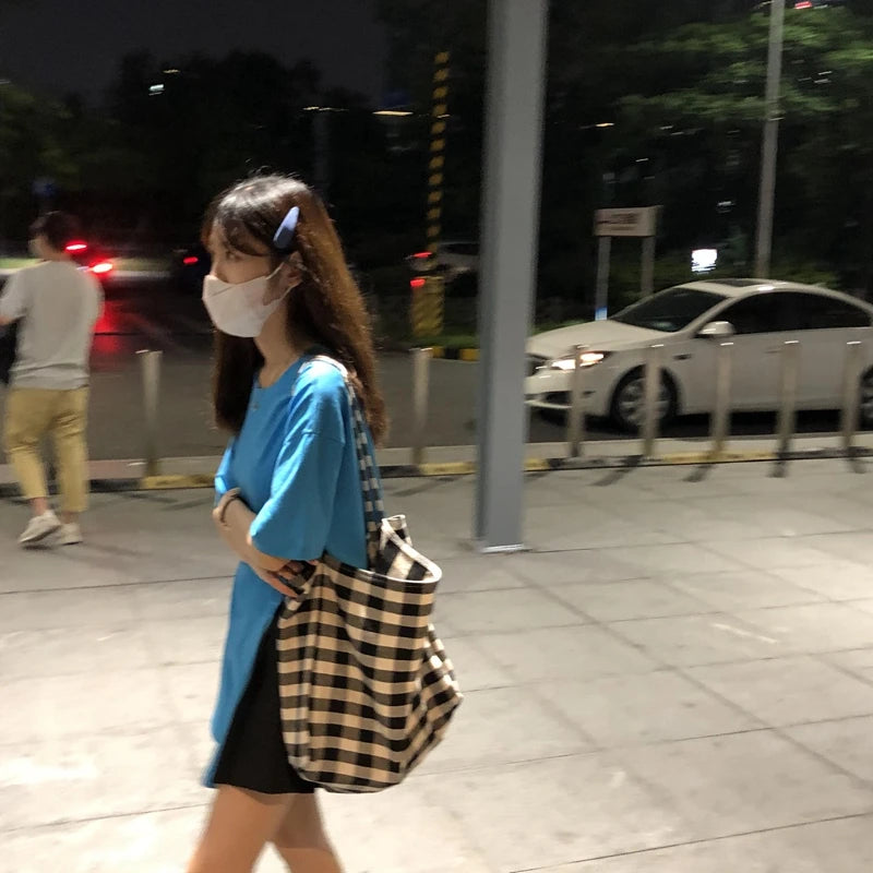 Women Cotton Soft Handbag Plaid High Capacity Bag