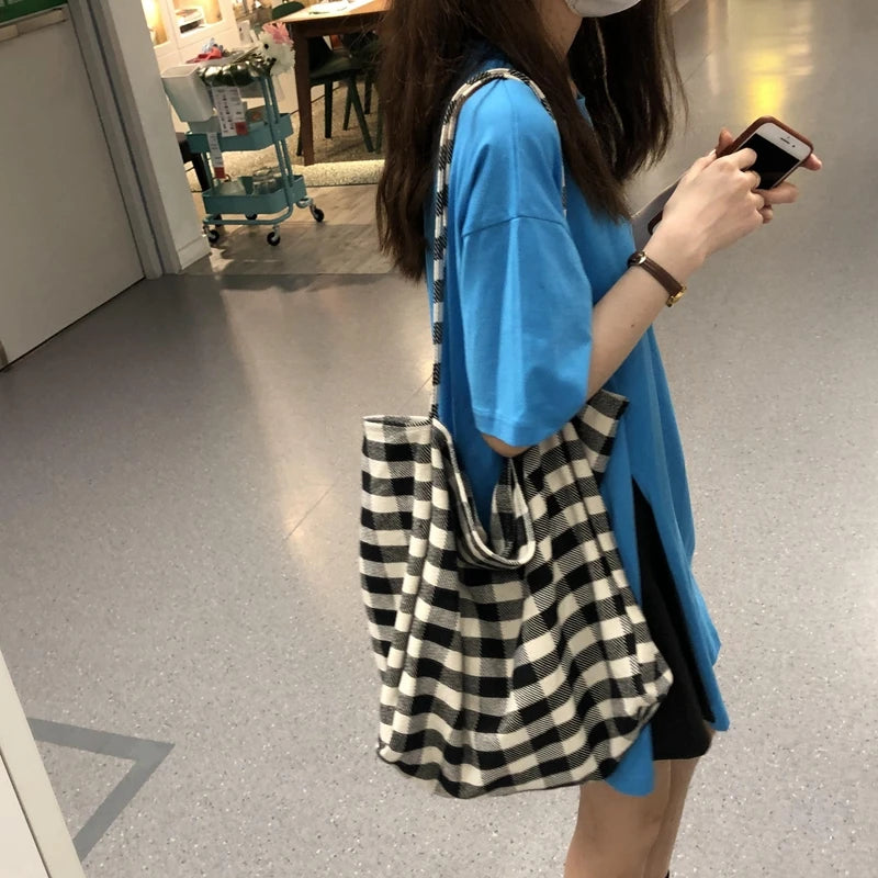 Women Cotton Soft Handbag Plaid High Capacity Bag
