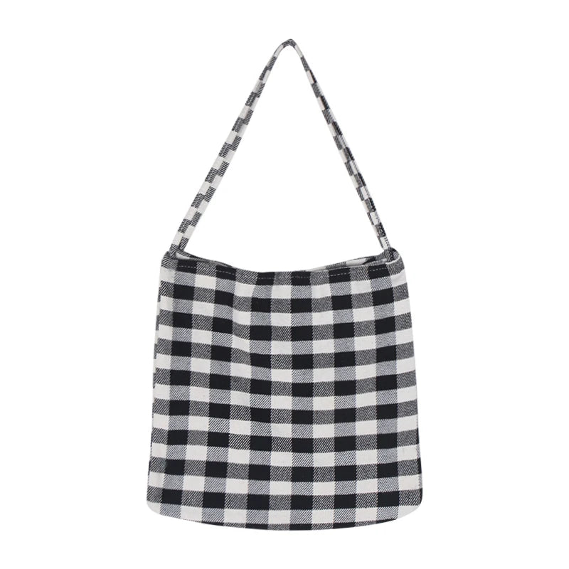 Women Cotton Soft Handbag Plaid High Capacity Bag