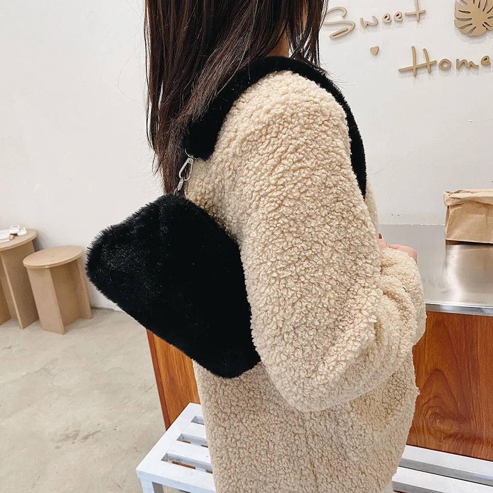 Women Cow Print Mini Shoulder Bags Plush Shopper Purses Handbag