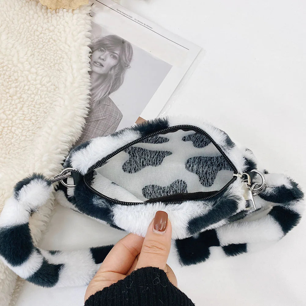 Women Cow Print Mini Shoulder Bags Plush Shopper Purses Handbag