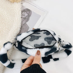 Women Cow Print Mini Shoulder Bags Plush Shopper Purses Handbag