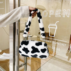 Women Cow Print Mini Shoulder Bags Plush Shopper Purses Handbag