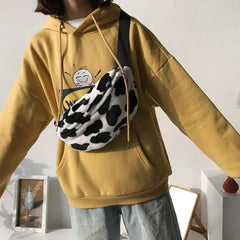Women Cow Print Plush Waist Bag Fanny Pack Pouch Sport Hip Chest