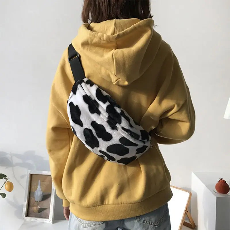 Women Cow Print Plush Waist Bag Fanny Pack Pouch Sport Hip Chest