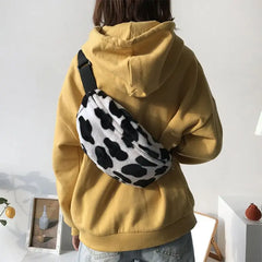 Women Cow Print Plush Waist Bag Fanny Pack Pouch Sport Hip Chest