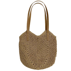 Crochet Shoulder Bag, Straw Woven Tote Bag, Inner Pocket, Beige/Light Brown