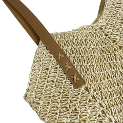 Crochet Shoulder Bag, Straw Woven Tote Bag, Inner Pocket, Beige/Light Brown