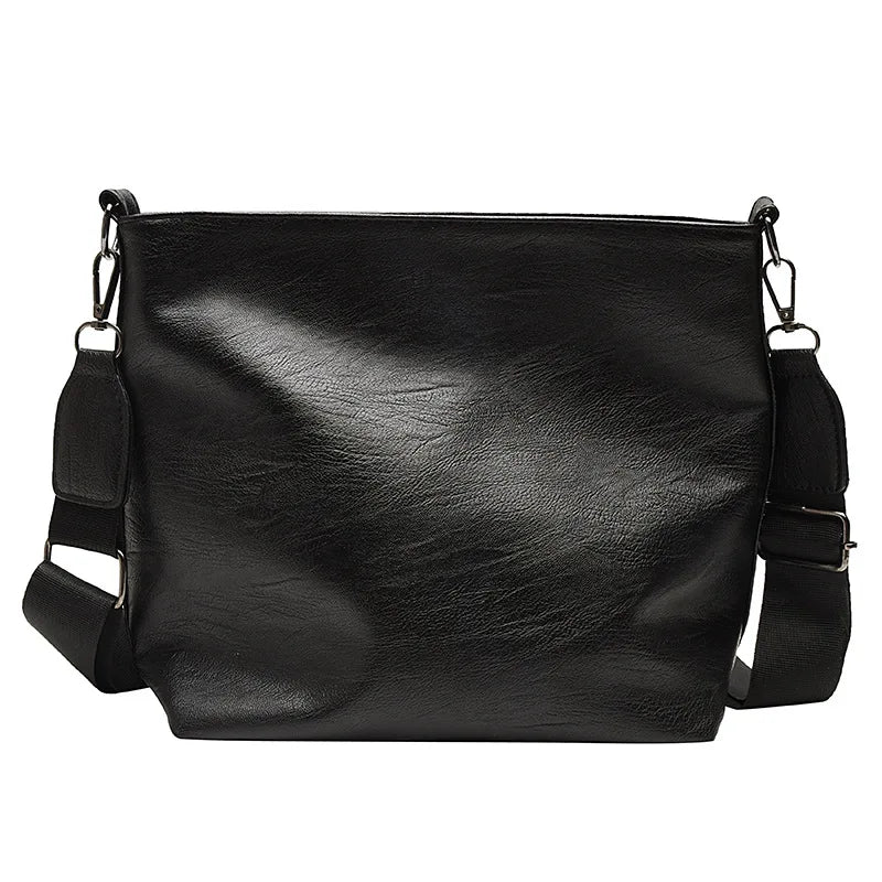 Women Crossbody Bag PU Leather Wide Strap Bucket Shoulder Bags