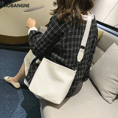 Women Crossbody Bag PU Leather Wide Strap Bucket Shoulder Bags